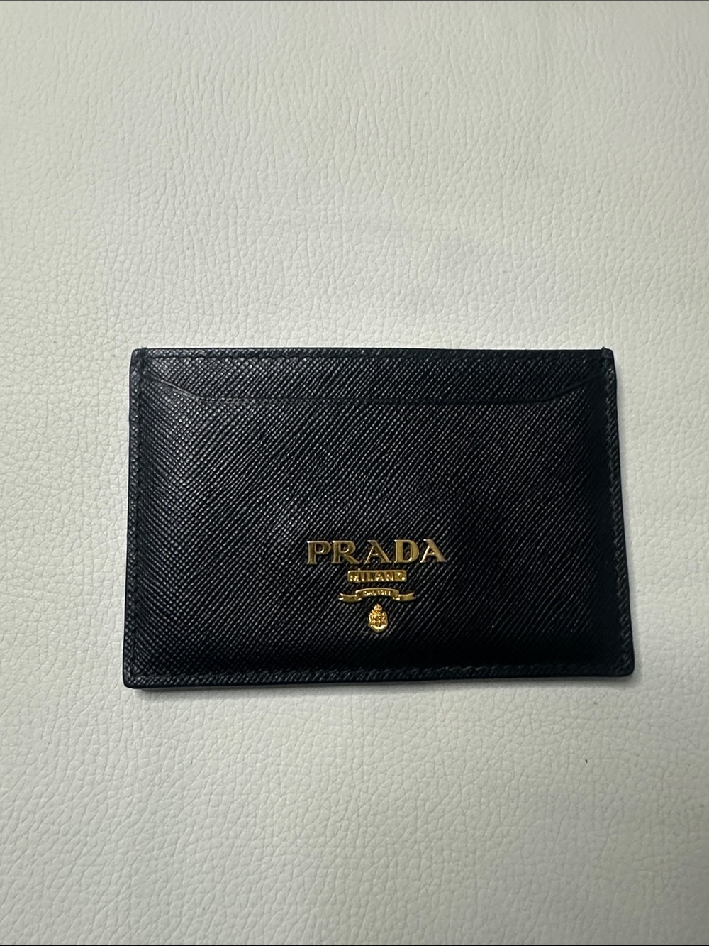 Authentic Prada Black Saffiano Leather Card & Key Holder with Gold Logo